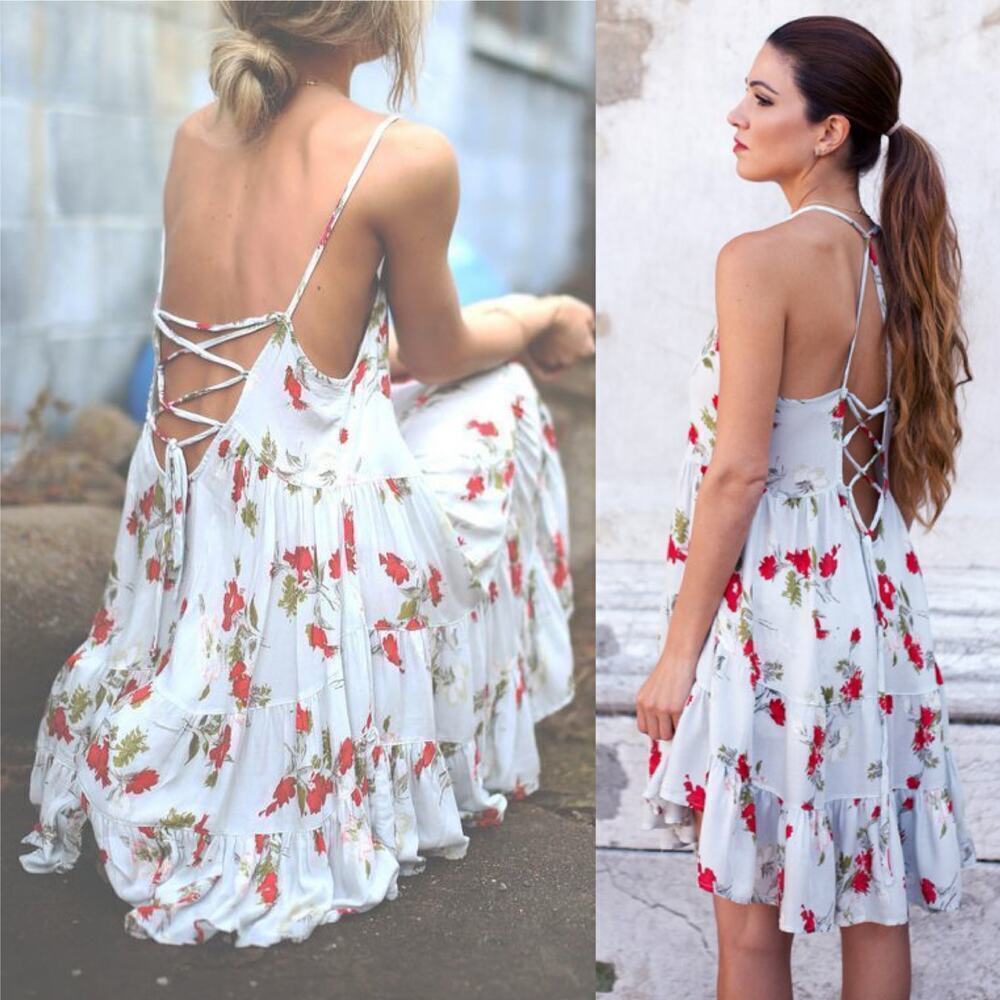 Intimately Free Circle of Flowers Back Tie Mini Shift Dress Baby Blue Red Small